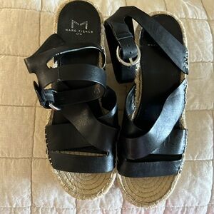 Marc Fisher platform black leather with woven detailed heel